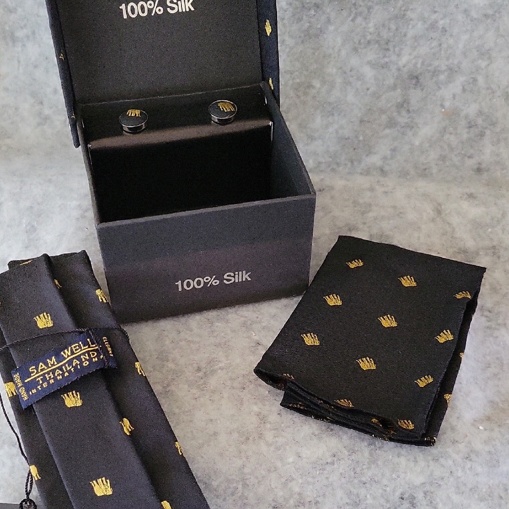 Black & Gold Silk Tie, Pocket Square And Cuff Links Set 100% Silk NIB